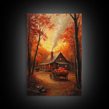 Carregar imagem no visualizador da galeria, Autumn Cabin with Pumpkins Framed Canvas Print, Warm Fall Countryside Scene with Golden Leaves, Cozy Rustic Farmhouse Wall Art Decor