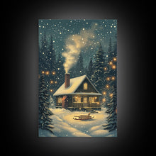 Load image into Gallery viewer, Cozy Cabin in Snowy Winter Forest, Warm Christmas Lights and Peaceful Holiday Scene, Perfect for Winter Wall Art, Framed Canvas Print