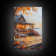 Cargar imagen en el visor de la galería, Cozy autumn cabin porch with pumpkins and scenic view, Framed Canvas Print, perfect above sofa art, fall seasonal decor, gallery wall