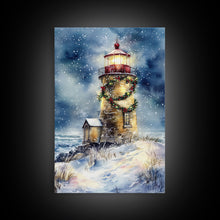 Load image into Gallery viewer, Snowy lighthouse under moonlit sky with wreath, Framed Canvas Print, beach Christmas decor for winter wonderland, holiday wall art