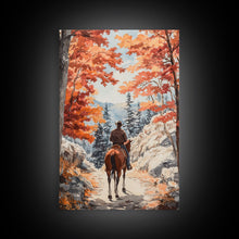 Load image into Gallery viewer, Cowboy riding through autumn forest, Framed Canvas Print, fall landscape wall art, western style decor for cozy homes, perfect gift idea