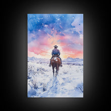 Load image into Gallery viewer, Cowboy riding through snowy sunset, Framed Canvas Print, winter landscape wall art, western decor for above sofa, rustic holiday decor