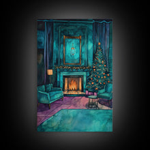Load image into Gallery viewer, Cozy living room with Christmas tree and fireplace, Framed Canvas Print, Christmas wall art, perfect modern farmhouse holiday decor