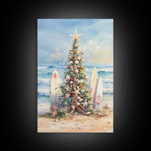 Cargar imagen en el visor de la galería, Coastal Christmas tree with surfboards at the beach Framed Canvas Print, tropical holiday wall art beach Christmas decor Christmas prints