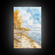 Load image into Gallery viewer, Autumn beach scene with golden trees and calm shoreline Framed Canvas Print, fall landscape art perfect autumn wall decor for rustic homes