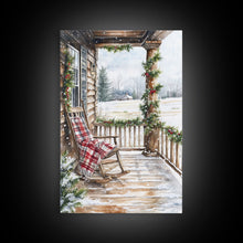Carregar imagem no visualizador da galeria, Farmhouse porch decorated with garland and cozy rocking chair, Framed Canvas Print winter decor idea for rustic home Christmas wall art