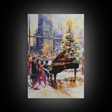 Load image into Gallery viewer, Elegant Christmas party with grand piano and city skyline view Framed Canvas Print, classy holiday wall art perfect seasonal decor idea