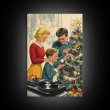 Carregar imagem no visualizador da galeria, Mid-Century Family Christmas Celebration with Turntable and Christmas Tree, Retro Holiday Wall Art, Framed Canvas Print