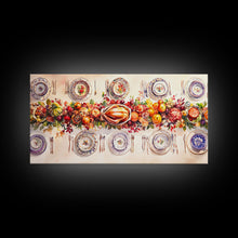 Load image into Gallery viewer, Festive Thanksgiving dinner table setting with colorful centerpiece, framed canvas print perfect autumn holiday decor wall art