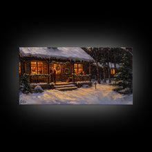 Carregar imagem no visualizador da galeria, Festive Log Cabin Winter Scene Framed Canvas Print Christmas Wall Art, Rustic Holiday Art, Cozy Christmas Scene, Seasonal Wall Decor Gift