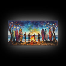 Carregar imagem no visualizador da galeria, Canvas Print Beach Bonfire with Surfboards Under Stars, Coastal Christmas Art, Tropical Holiday Wall Art, Beach Christmas Decor