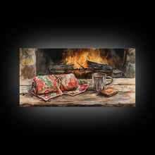 Carregar imagem no visualizador da galeria, Canvas Print Cozy Fireplace with Christmas Blanket and Mug, Rustic Christmas Decor, Holiday Home Art, Warm Christmas Wall Art