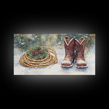 Carregar imagem no visualizador da galeria, Canvas Print Cowboy Boots with Christmas Wreath and Rope, Rustic Christmas Decor, Winter Western Holiday Art, Farmhouse Wall Print