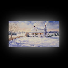 Cargar imagen en el visor de la galería, Farmhouse Christmas decor Framed Canvas Print snowy white farmhouse with wreath winter wonderland holiday decor best gift Christmas wall art