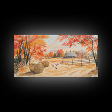 Load image into Gallery viewer, Autumn farmhouse decor Canvas Print fall landscape with barn and chickens harvest season gift idea rustic fall wall art holiday home decor