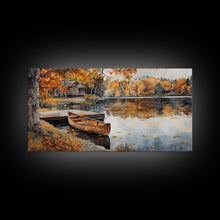 Carregar imagem no visualizador da galeria, Fall lake house decor Framed Canvas Print serene lakeside cabin canoe rustic autumn wall art seasonal decor gift idea cozy fall home decor