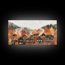 Carregar imagem no visualizador da galeria, Autumn village decor Framed Canvas Print rustic village with fall trees cozy seasonal wall art gift idea moody landscape autumn home decor