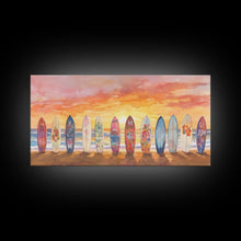 Load image into Gallery viewer, Vibrant Sunset Beach Art Surfboard Canvas Print Tropical Beach Wall Art Framed Canvas Print Fall Beach Scene Autumn Surfboard Decor