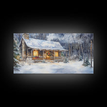 Load image into Gallery viewer, Snowy cabin Christmas decor, winter wonderland wall art, rustic farmhouse Christmas print, cozy country home decor, framed canvas print