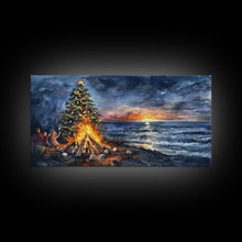 Load image into Gallery viewer, Beach Christmas decor with bonfire, sunset coastal holiday wall art, Christmas tree print, festive coastal art gift, framed canvas print