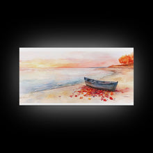 Carregar imagem no visualizador da galeria, Autumn beach landscape art, fall sunset wall art, coastal boat decor, beach fall home decor, seasonal wall art gift, framed canvas print