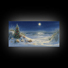 Cargar imagen en el visor de la galería, Christmas Tree on Snowy Beach with Full Moon, Framed Canvas Print, Coastal Christmas Art, Nautical Holiday Decor, Winter Wonderland, Beach
