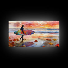 Carregar imagem no visualizador da galeria, Autumn Surfing Sunset Canvas Print | Fall Surf Art Gift | Seasonal Wall Art Decor | Gift Idea | Beach Decor Fall Theme | Framed Canvas Print