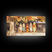 Carregar imagem no visualizador da galeria, Autumn surfboards art, canvas print featuring surfboards with fall leaves, cozy fall home decor, rustic wall art, autumn vacation gift idea