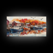 Carregar imagem no visualizador da galeria, Fishing boats in harbor with autumn trees, framed canvas print, fall coastal art, rustic nautical decor, perfect gift idea, autumn wall art