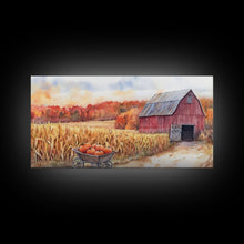 Carregar imagem no visualizador da galeria, Autumn Barn with Pumpkins in Wheelbarrow, Farmhouse Fall Decor, Framed Canvas Print, Seasonal Wall Art, Country Home Decor, Gift Idea