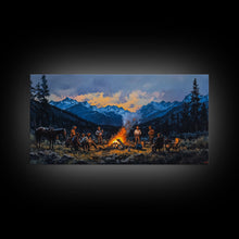 Carregar imagem no visualizador da galeria, Framed Canvas Print Western Cowboys Campfire Evening Art Landscape Rustic Winter Mountain Home Decor Extra Large Wall Art Gift