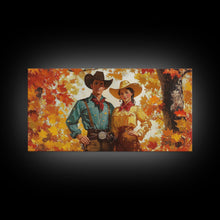 Carregar imagem no visualizador da galeria, Autumn Cowboy In Forest Framed Canvas Print Western Cowboy Wall Art Fall Cowboy Gift Rustic Wall Decor Moody Landscape Above Sofa