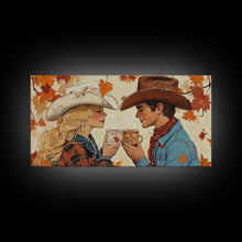 Load image into Gallery viewer, Cowgirl & Cowboy Enjoy Some Hot Chocolate, Art For Couples, Framed Canvas Print, Rustic Farmhouse Home Decor, Wall Art Rustic Decor