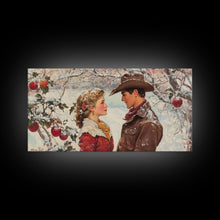 Load image into Gallery viewer, Cowboy and Cowgirl meet under the mistletoe, framed canvas print, cute winter wall art, Christmas home decor, seasonal rustic decor