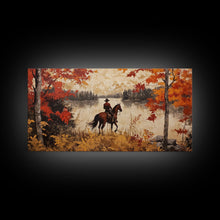 Load image into Gallery viewer, Cowboy on mountainside with red autumn leaves rugged cliffs, Framed Canvas Print, fall landscape wall art, western decor with warm colors