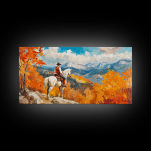 Load image into Gallery viewer, Cowboy on autumn swing, Framed Canvas Print, rustic Western art with vibrant fall, tall framed canvas print autumn decor farmhouse wall art
