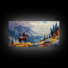 Load image into Gallery viewer, Close-up of Western cowgirl in fall foliage, Framed Canvas Print, modern tall art farmhouse gallery wall, rustic cowboy aesthetic wall print