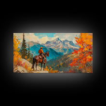 Carregar imagem no visualizador da galeria, Female cowboy in fall forest, Framed Canvas Print, tall striking artwork rustic or modern farmhouse seasonal wall art