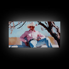 Carregar imagem no visualizador da galeria, Autumn-themed portrait Framed Canvas Print of a woman in a cowboy hat holding a cup of coffee, surrounded by fall leaves, cozy fall decor