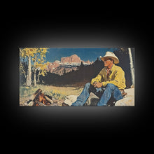 Load image into Gallery viewer, Bold monochromatic Framed Canvas Print showcasing a woman in a cowboy hat with horses in a snowy mountain landscape, rustic winter wall art