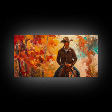 Load image into Gallery viewer, Cowboy Riding Through The Autumn Trees, Framed Canvas Print, Rustic Farmhouse Wall Art, Boho Style Seasonal Watercolor Painting