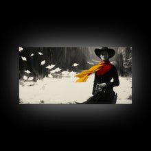 Load image into Gallery viewer, Bold Framed Canvas Print of a Cowgirl Riding Through Snow, Western Horse Art, Dynamic Winter Wall Decor and Christmas Holiday Gift Idea