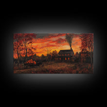 Carregar imagem no visualizador da galeria, Autumn Sunset With Pumpkins And Horse Wagon, Cozy Fall Landscape Wall Art, Rustic Country Framed Canvas Print, Warm Autumn Home Decor
