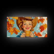 Load image into Gallery viewer, Cowgirl Having A Cup Of Joe, Framed Canvas Print, Farmhouse / Western Rustic Charm, Seasonal Art Piece to Warm Up Your Home Decor This Fall