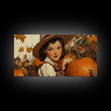 Load image into Gallery viewer, Cowgirl In A Pumpkin Patch, Framed Canvas Print, Retro Style Fall or Thanksgiving Wall Art, Farmhouse Decor, Christmas Wall Decor Gift