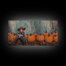 Load image into Gallery viewer, Cute Cowgirl In A Pumpkin Patch, Framed Canvas Print, Fall / Thanksgiving Decor, minimalist seasonal art for autumn or Christmas decor