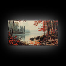 Cargar imagen en el visor de la galería, Fall On The River, Rustic Landscape Painting, Primitive Wall Art, Framed Canvas Print, retro festive holiday wall art Christmas decor
