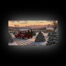 Cargar imagen en el visor de la galería, Christmas Tree Farm Framed Canvas Print, Red Truck Winter Scene, Farmhouse Christmas Decor, Christmas Vacation Decor, Holiday Art Gift