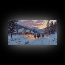 Load image into Gallery viewer, Cowboys and Log Cabin Winter Christmas Framed Canvas Print, Rustic Mountain Holiday Scene Art, Best Christmas Gift Idea, Winter Decor