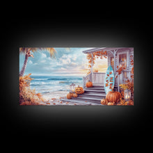 Carregar imagem no visualizador da galeria, Fall Beachfront Porch With Pumpkins Autumn Decor Framed Canvas Print, Coastal Autumn Home Decor Wall Art Beach Vibes